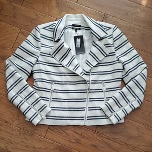 NWT RW&CO Navy Striped Zippered Nautical Moto Stretched Lining Jacket Size 14